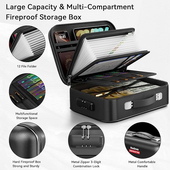Fireproof Document Box, Hard Case Fireproof Box with Lock, Portable Hard-Shell Fireproof Water Resistant Document Safe for Im
