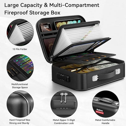 Fireproof Document Box, Hard Case Fireproof Box with Lock, Portable Hard-Shell Fireproof Water Resistant Document Safe for Im
