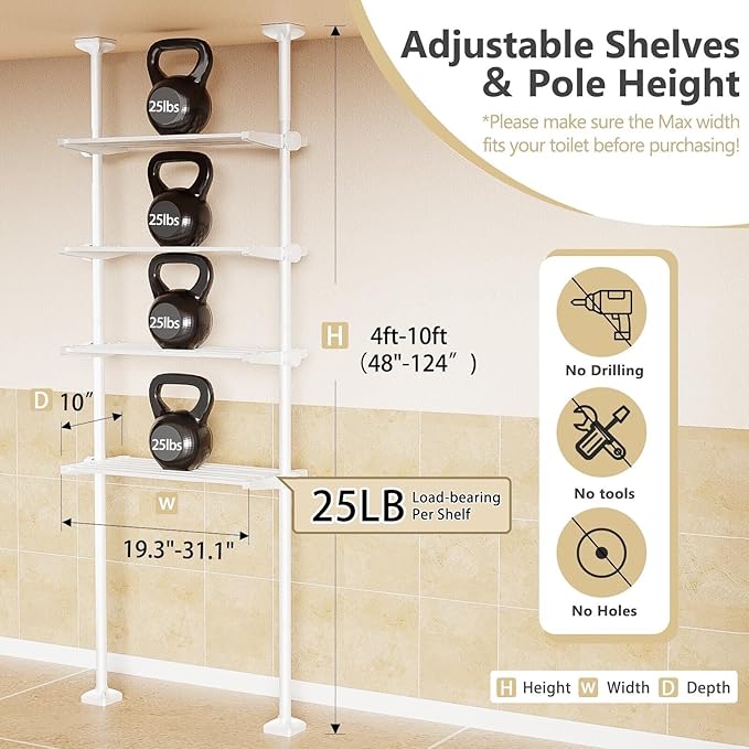 Bonpally Over The Toilet Storage Shelf, 4-Tier Adjustable Bathroom Organizer, No Drill Tension Mounted Shelves Metal, Space-S