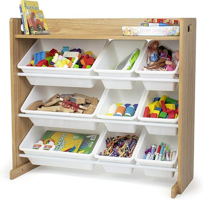 Humble Crew Toy Storage Organizer with Top Shelf and 9 Removable Bins, Natural/White – Toddler Bookshelf with Toy Organizer -