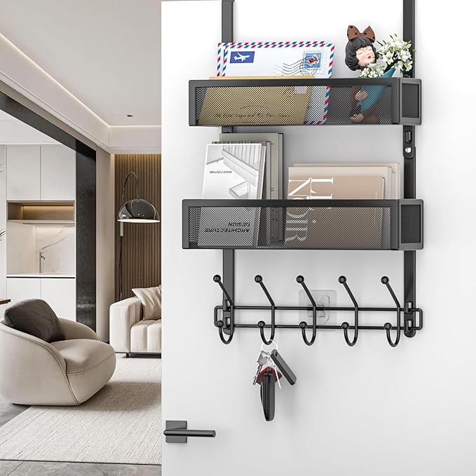 Adjustable Over The Door Hooks Organizer, Door Hanger Coat Rack with 2 Mesh Baskets and 10 Hooks, Back of Door Storage Organi