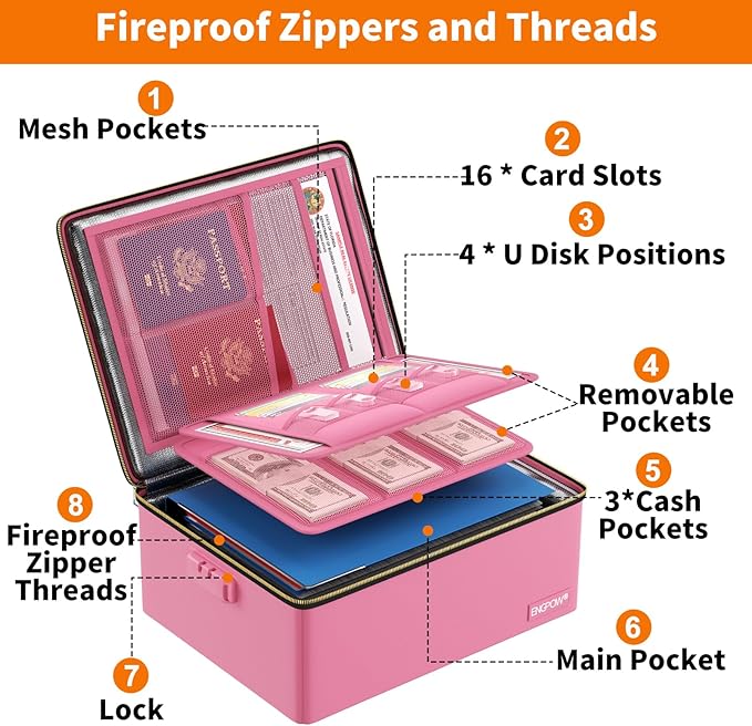 ENGPOW Fireproof Document Box, Hard Case File Box with Fireproof Zipper＆Lock, 6400°F Heat Insulated Fire and Water Resistant 