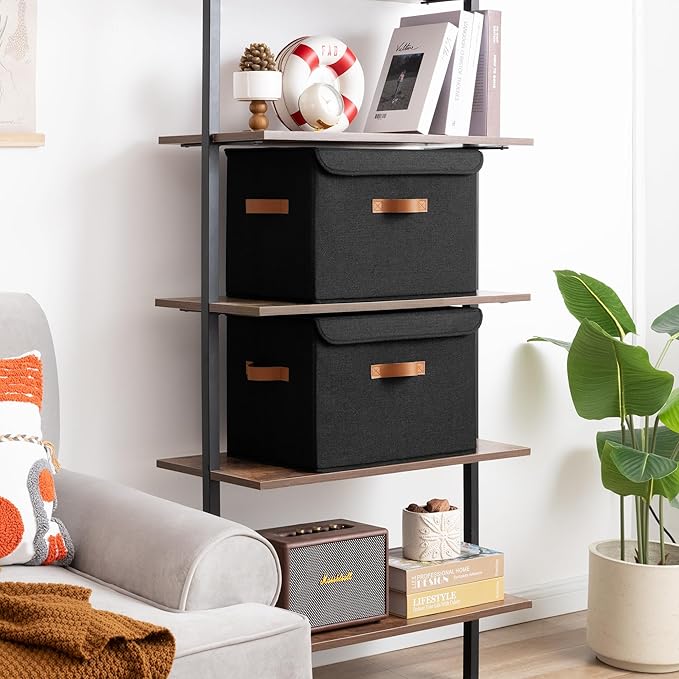 GRANNY SAYS Black Storage Bins with Lids, Decorative Storage Boxes with PU Handles, Linen Closet Organizer, Storage Baskets f