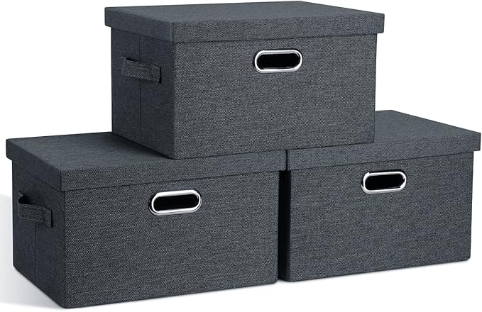 Graciadeco Medium 15" 21 Quart Collapsible Stackable Storage Bins with Lids, 3 Packs Dark Grey Foldable Fabric Closet Boxes H