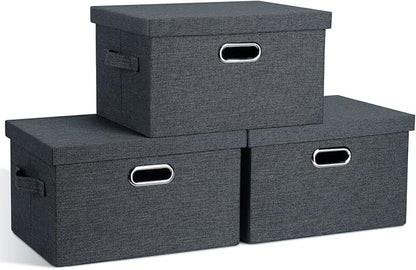 Graciadeco Medium 15" 21 Quart Collapsible Stackable Storage Bins with Lids, 3 Packs Dark Grey Foldable Fabric Closet Boxes H