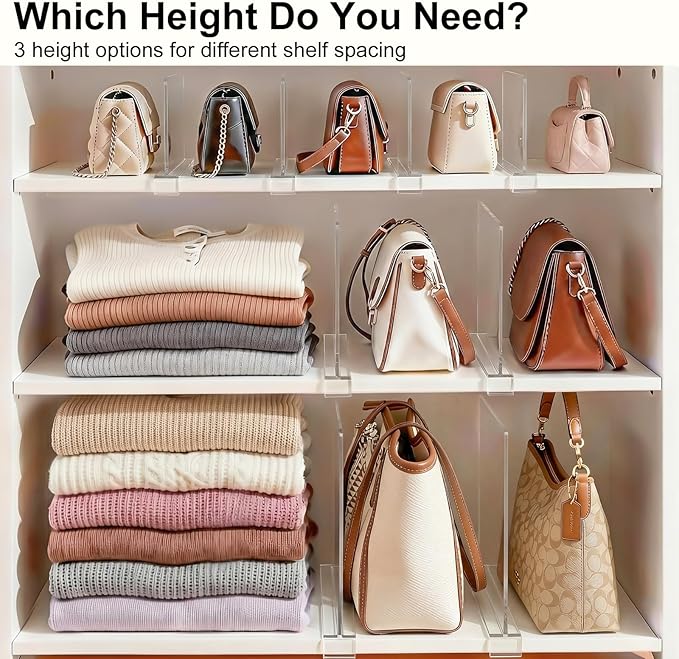 Shelf Dividers Purse Organizer for Closet: 6-inch Tall(Shorter Version) Acrylic Handbag Organizer - Small Space Separator for