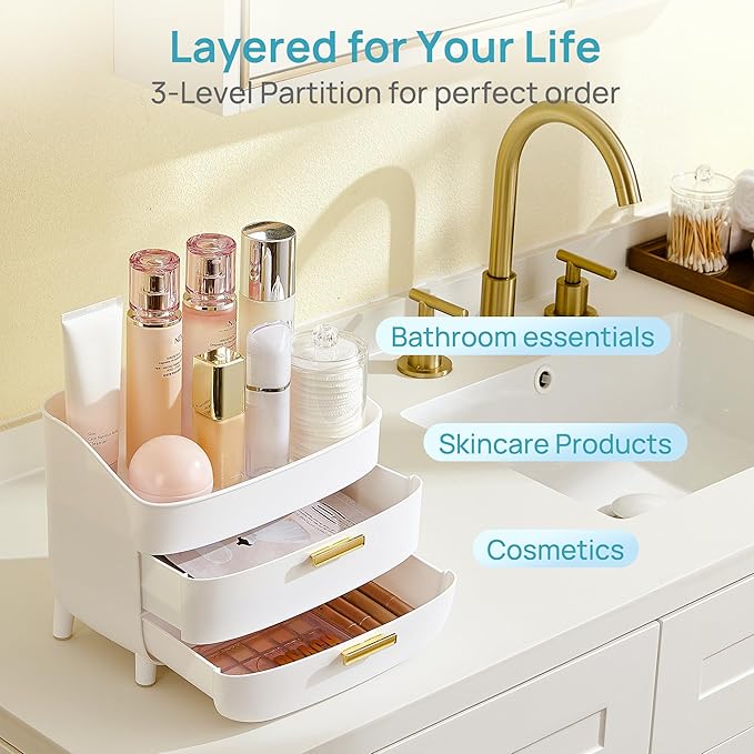 Vtopmart 3-Tier Skincare Makeup Organizer with Drawers for Vanity and Bathroom Countertop, Large Cosmetic Storage Box Case fo