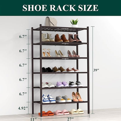 Smiry Shoe Rack, 6 Tier Thick Bamboo Shoe Organizer, Stackable Free Standing Wooden Shoe Storage Shelf for Closet, Entryway, 