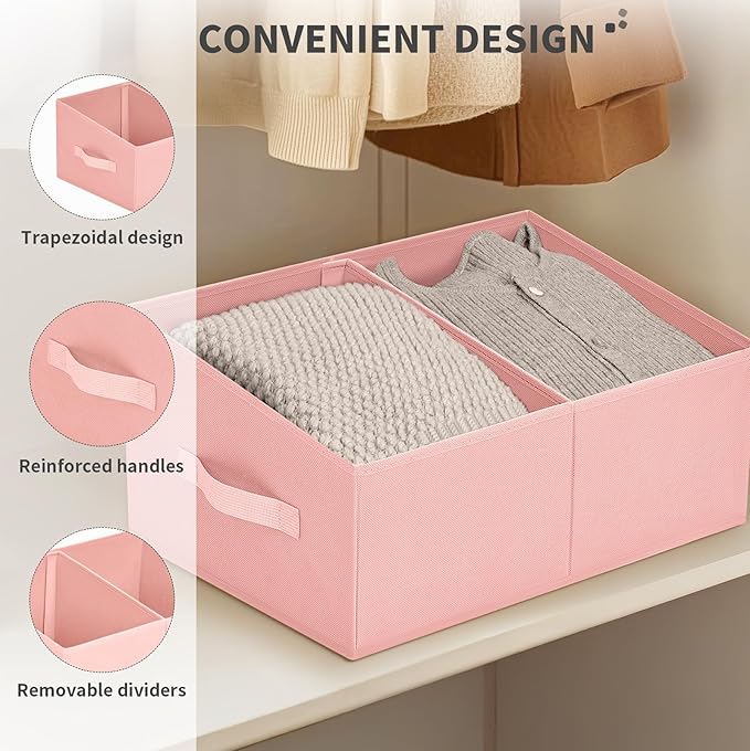 DIMJ Large Closet Shelf Organizer Bins 4 Packs with Handles and Divider, Fabric Trapezoid Storage Baskets, Foldable Clothes C
