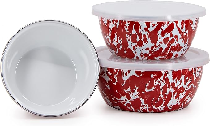 Golden Rabbit Enamelware Nesting Storage Bowls with Lids, Set of 3, Red Swirl