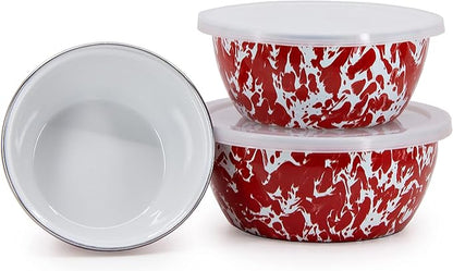 Golden Rabbit Enamelware Nesting Storage Bowls with Lids, Set of 3, Red Swirl