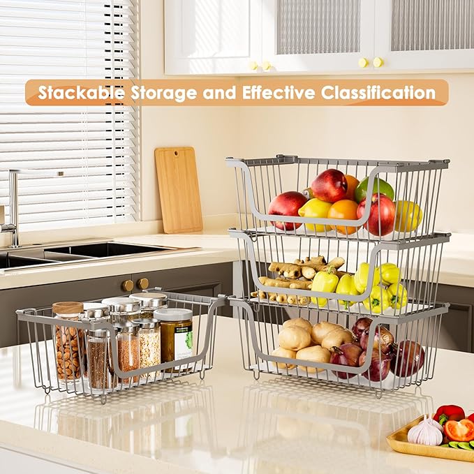4 Pack Stackable Wire Baskets with Handles for Pantry Organizers and Storage, Fruit and Vegetable wire storage baskets, Potat