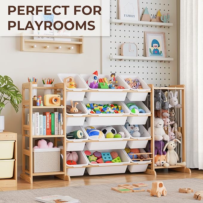 Toy Storage Organizer with Bookshelf and Stuffed Animal Storage - Kids Playroom Organization with Shelves and 12 Toy Bins - T