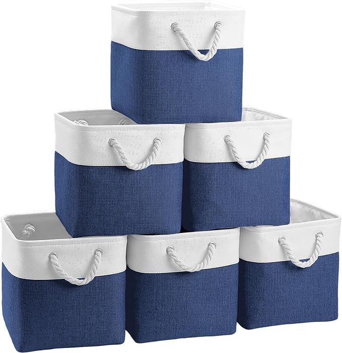 FinishingBo Cube Storage Baskets, 6 Pack 11x11 inch with Cotton Handles for Closet, Shelves, Clothes, Towel (White/Navy Blue)