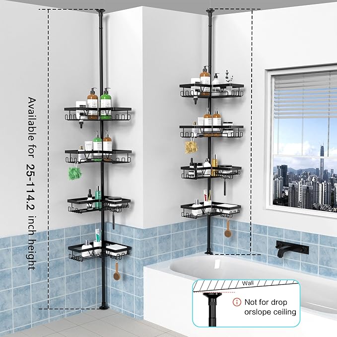 KEGII Corner Shower Caddy Tension Pole - Shower Tension Rod Organizer, Floor to Ceiling Shower Caddy 25-114.2 inch, Towel Rac