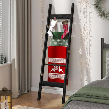Hzuaneri Blanket Ladder for Living Room, Decorative Quilt Rack with 4 Removable Hooks, 5-Tier Farmhouse Ladder Holder Shelf O
