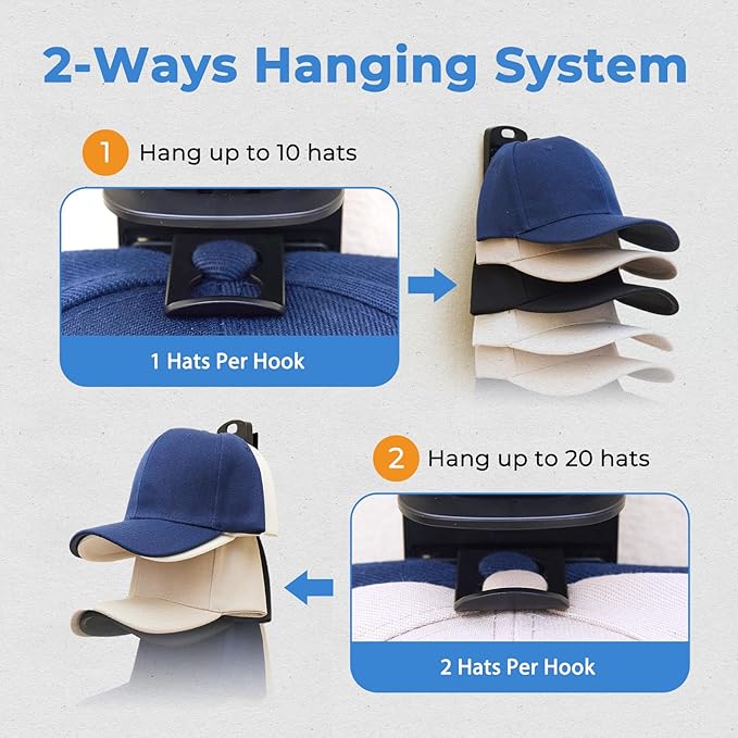 MACOPRO Hat Organizer for Baseball Caps for wall,2 Pack Cap Racks, Rack Hanger Storage Display Holder Hooks Stand for Closet 