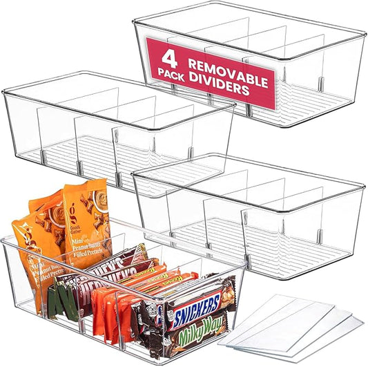 Oizeir Clear Pantry Organizer Bins 4-Pack - Fridge Organizer with 3 Removable Dividers - Kitchen Pantry Organizers & Storage 