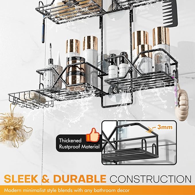Adjustable Height Shower Caddy Hanging for Handheld Shower Heads, Shower Racks with Soap Holder 8 Hooks, No-Drilling, Anti-Sw