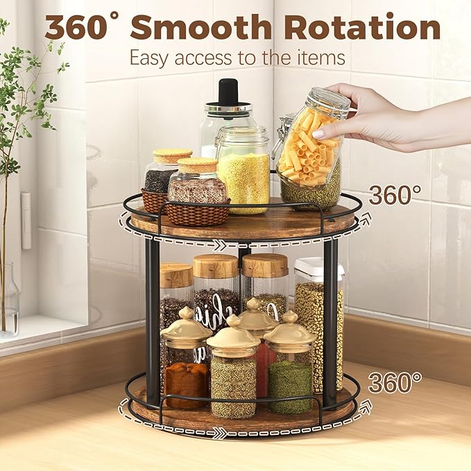 LAMU 12.2'' Wood Lazy Susan Turntable Organizer for Cabinet, 2 Tier Lazy Susan Spice Rack Organizer for Kitchen, Table Top, C