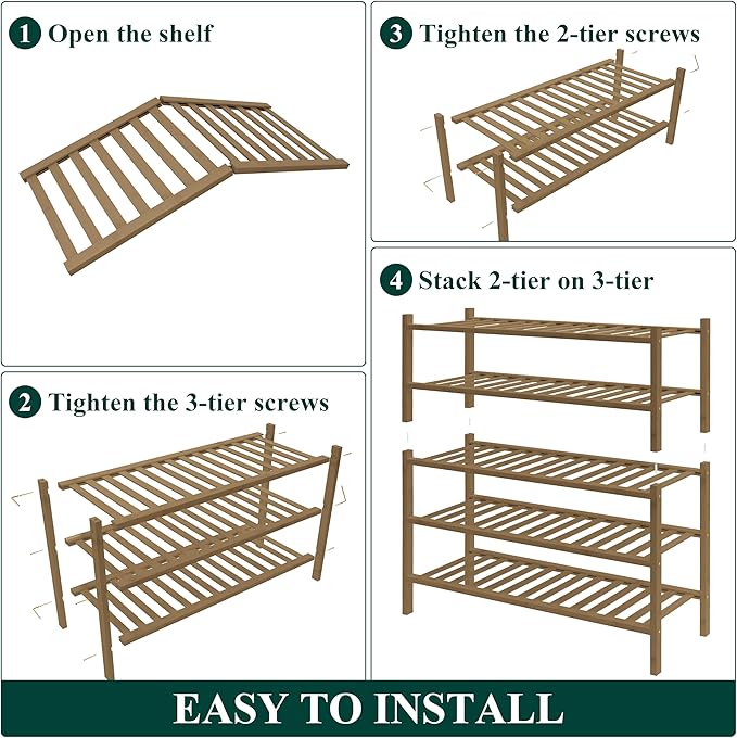 Smiry Bamboo Shoe Rack for Closet, 5 Tier Wooden Stackable Shoe Organizer, Free Standing Shoes Storage Shelf for Entryway, Fr