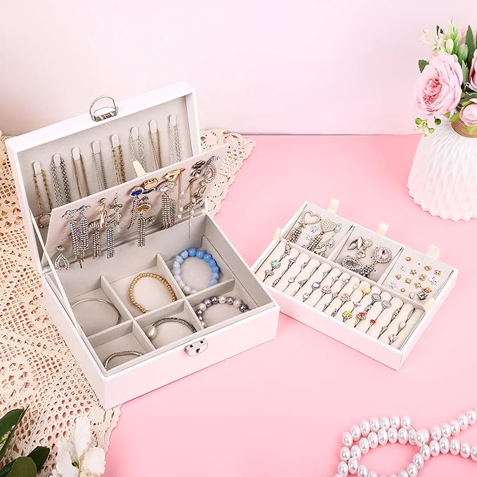BOOVO Earring Jewelry Box For Women Girl Stud Organizer, 4 Layers Girl Jewelry Organizer Box With Lock Earring Holder Organiz