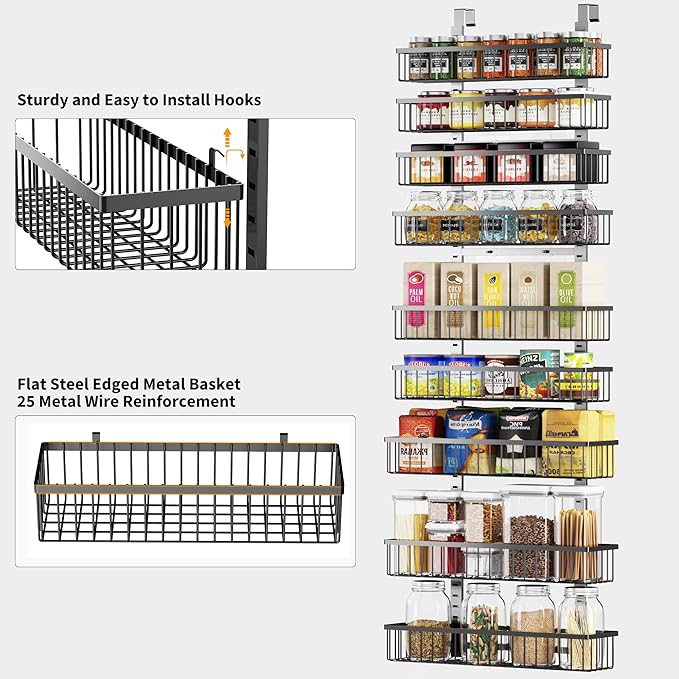 Moforoco 9-Tier Over The Door Pantry Organizer, Pantry Organization and Storage, Black Hanging Basket Wall Spice Rack Seasoni