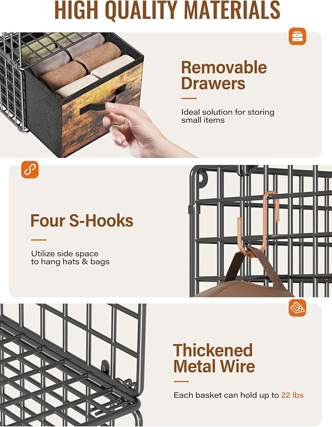 Closet Hanging Organizer with Drawers, 6 Tier Metal Closet Organizers and Storage with 4 Hanging Hooks 4 S-Hooks for Wardrobe
