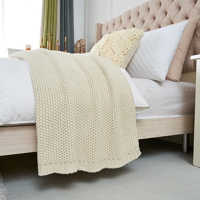 Chunky Cable Knit Throw Blanket Lightweight Cream 100% Organic Cotton Blanket for Sofa Couch Bed Baby Nursery, Rustic Shabby 