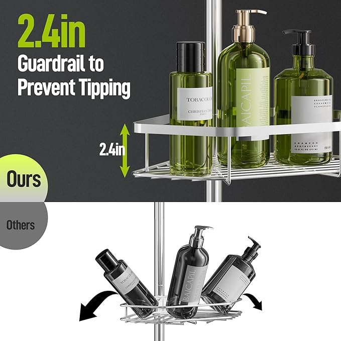 LAMU Shower Caddy Corner Tension Pole, Stainless Steel Shower Organizer, Strong Spring, 5 Adhesive Pads, 2.4 in Non-Slip Grid