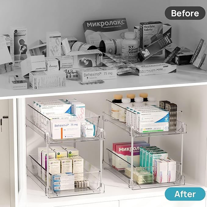Vtopmart 2 Tier Bathroom Storage Organizer, 2 Pack Clear Under Sink Organizers Vanity Counter Container, Cabinet Drawers Bins