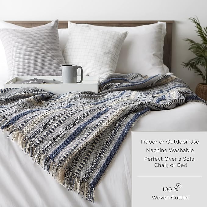 DII 100% Cotton Basket Weave Throw for Indoor/Outdoor Use Camping Bbq's Beaches Everyday Blanket, 50 x 60, Woven Stripe