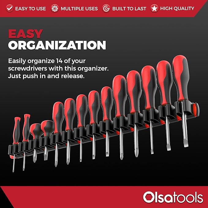 Olsa Tools Premium Wall-Mount Screwdriver Organizer - Red Nylon with Black Clips - Holds 14 Screwdrivers - Part: 1030