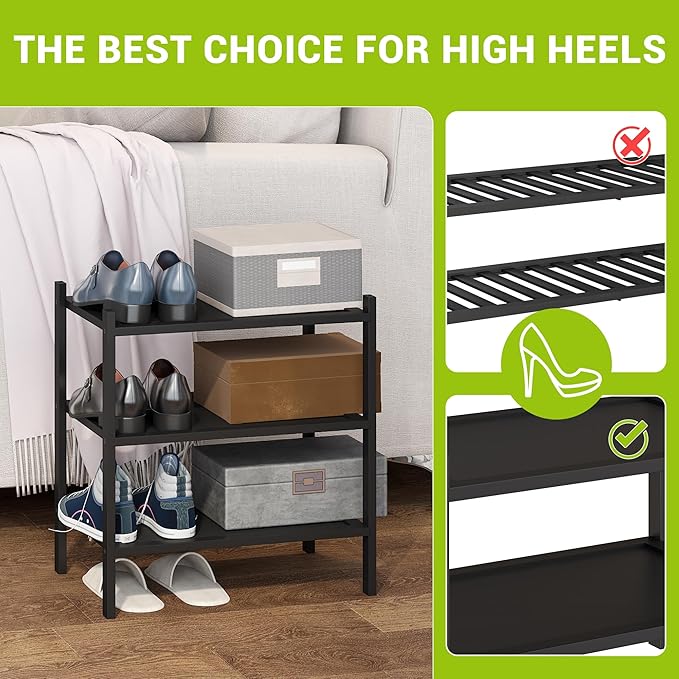 BMOSU 3-Tier Bamboo Small Shoe Rack Premium Stackable Shoe Shelf Storage Organizer for Hallway Closet Living Room Entryway Or