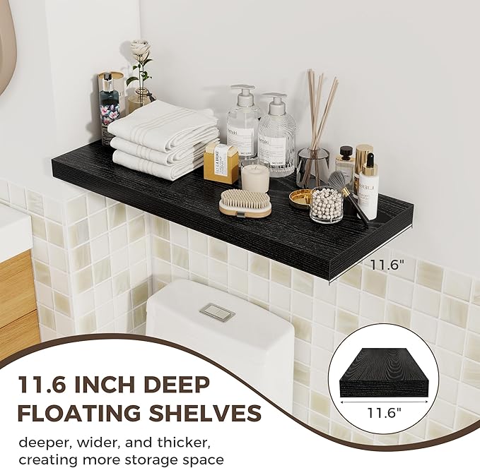 Fun Memories 12 Deep Floating Shelves for Wall | 30W x 12D Large Floating Shelves | 3 Pack Storage Space Wall Mount Shelf for