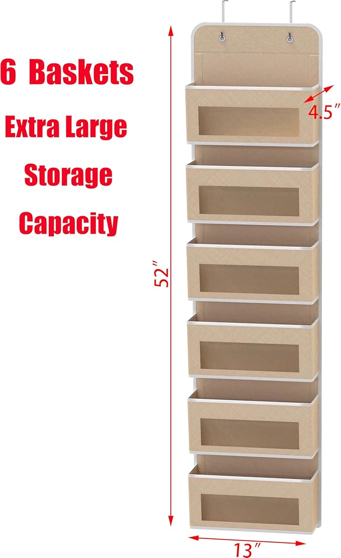 Simple Houseware 6 Clear Window Pocket Over Closet Door Storage Hanging Organizer for Bedroom, Bathroom, Pantry, Beige