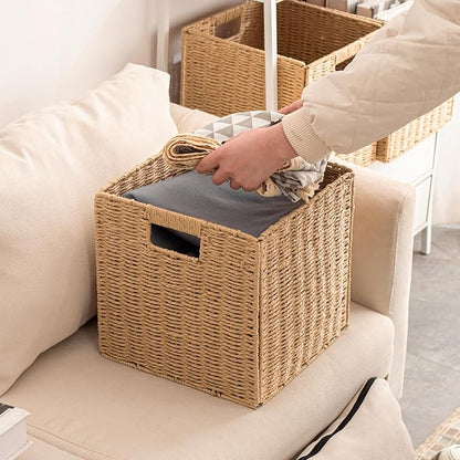 Foldable Storage Baskets with Handles Paper Rope Storage Baskets Rectangle Collapsible Hand Woven Storage Cubes Bins for Orga