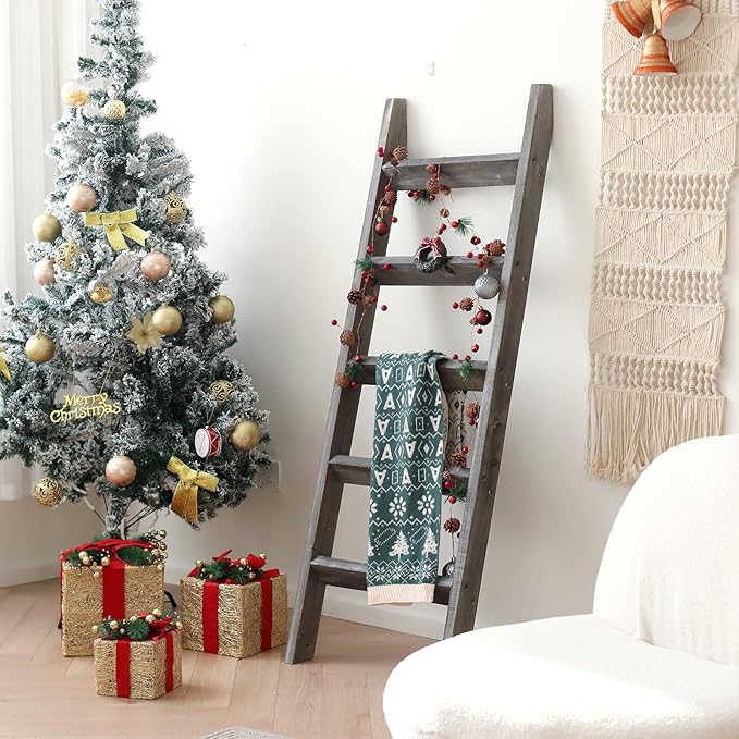 FUIN 5ft (58") Wood Blanket Ladder Living Room Decorative Wall Leaning Farmhouse Quilt Display Holder Rustic Wooden Towel Rac