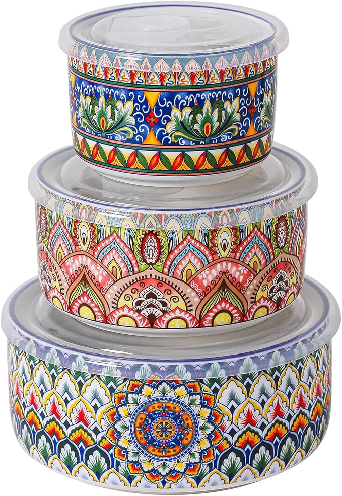 Henten Home Ceramic Serving Bowls with Lid, Colorful Nesting Bowl Set of 3, Porcelain Boho Bowls for Prep, Food Storage, Meals, Micreowave & Dishwasher Safe, 10/20/32 oz
