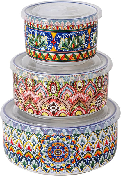 Henten Home Ceramic Serving Bowls with Lid, Colorful Nesting Bowl Set of 3, Porcelain Boho Bowls for Prep, Food Storage, Meals, Micreowave & Dishwasher Safe, 10/20/32 oz