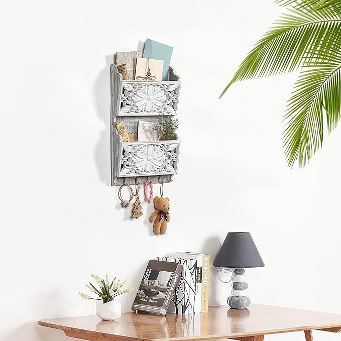 2-Slot Mail Organizer Wall Mount with 4 Hooks, Rustic Key and Mail Holder for Home Decorative, Wooden Key Hangers Wall File O