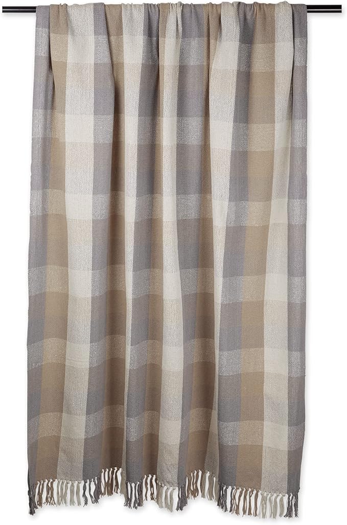 DII Buffalo Check Collection Rustic Farmhouse Throw Blanket with Tassels, 50x60, Tri Color, Stone