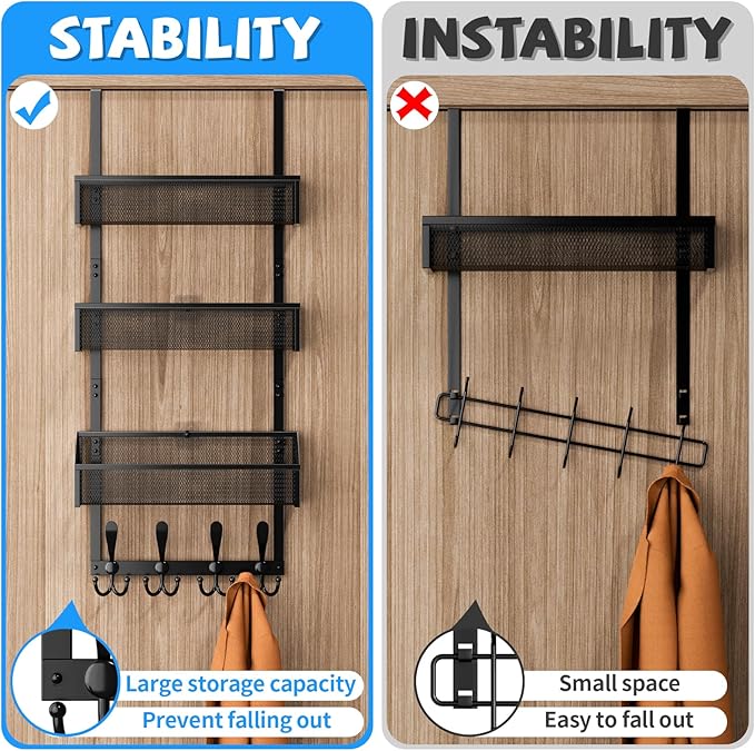 Kaiferty Over The Door Hooks Organizer, Coat Rack Over The Door Storage Hanger Towel Rack, Back of Door Storage Organizer for
