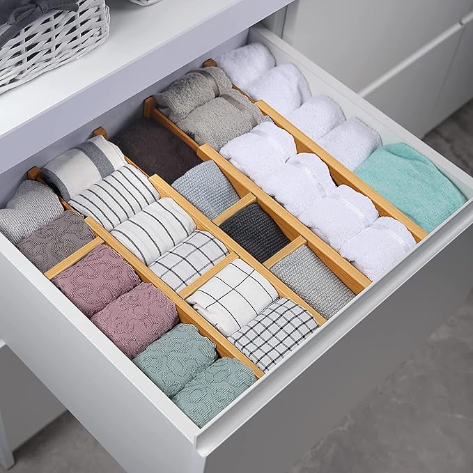 Adjustable Bamboo Drawer Dividers for Clothes, Kitchen Utensils, Office Desks, Bathroom Accessories, Socks and Underwear, and