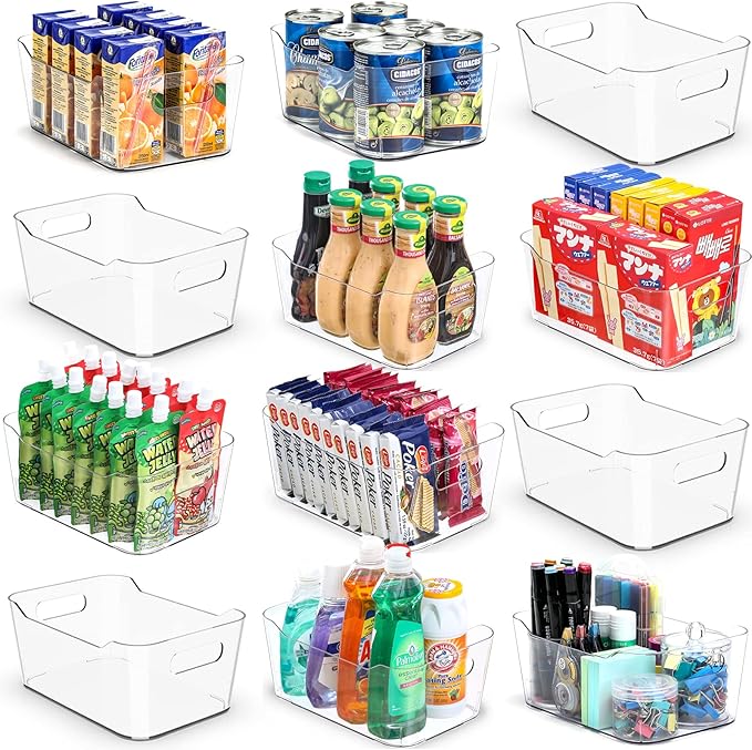 12 PACK Multi-Use Clear Plastic Storage Bins for Organizing w/ Labels - Home, Kitchen, Bathroom, Office, Pantry Cabinet Shelf