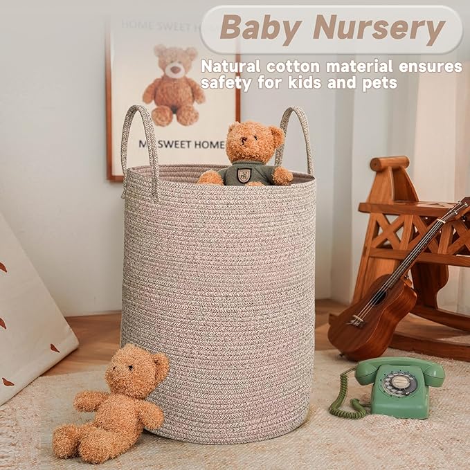 JMvicyroam Large Woven Laundry Basket Hamper,100L Cotton Rope Storage Bin for Blankets,Toys and Clothes,Decorative Tall Nurse
