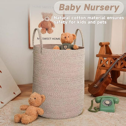 JMvicyroam Large Woven Laundry Basket Hamper,100L Cotton Rope Storage Bin for Blankets,Toys and Clothes,Decorative Tall Nurse