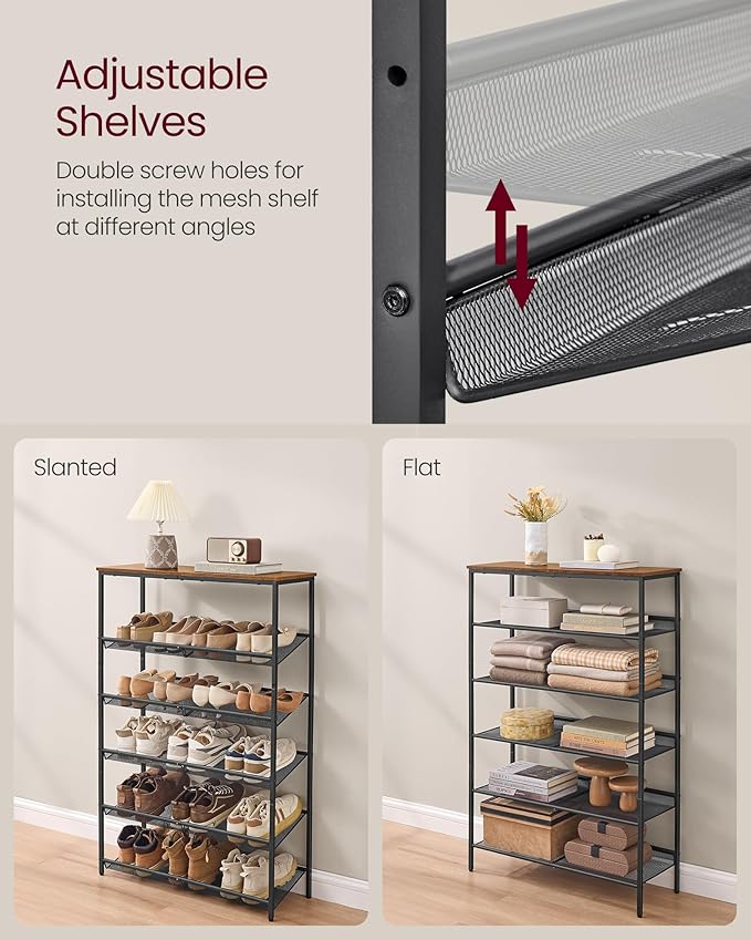 VASAGLE Shoe Rack for Entryway, 6-Tier Shoe Rack Organizer with Storage Shelves and Spacious Top, Freestanding, Adjustable, I