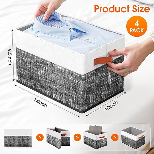 Fab totes Collapsible Storage Baskets for Shelves,14"x10", 4 Pack Foldable Fabric Storage Bins with Double Leather Handles, L