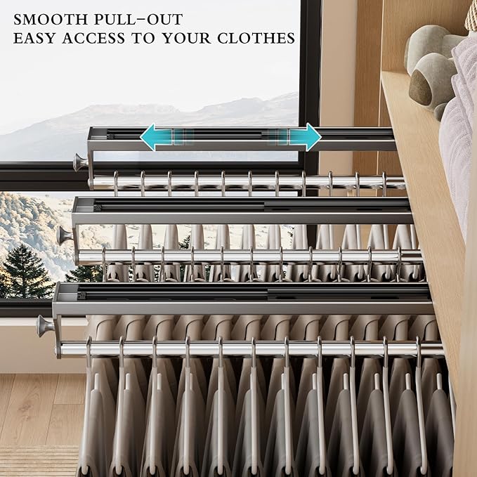 2 Pack Pull Out Closet Rod, 15.7inch Heavy Duty Pants Rack, Adjustable Clothes Hanger Rail, Space Aluminum Valet Rod, Top Mou